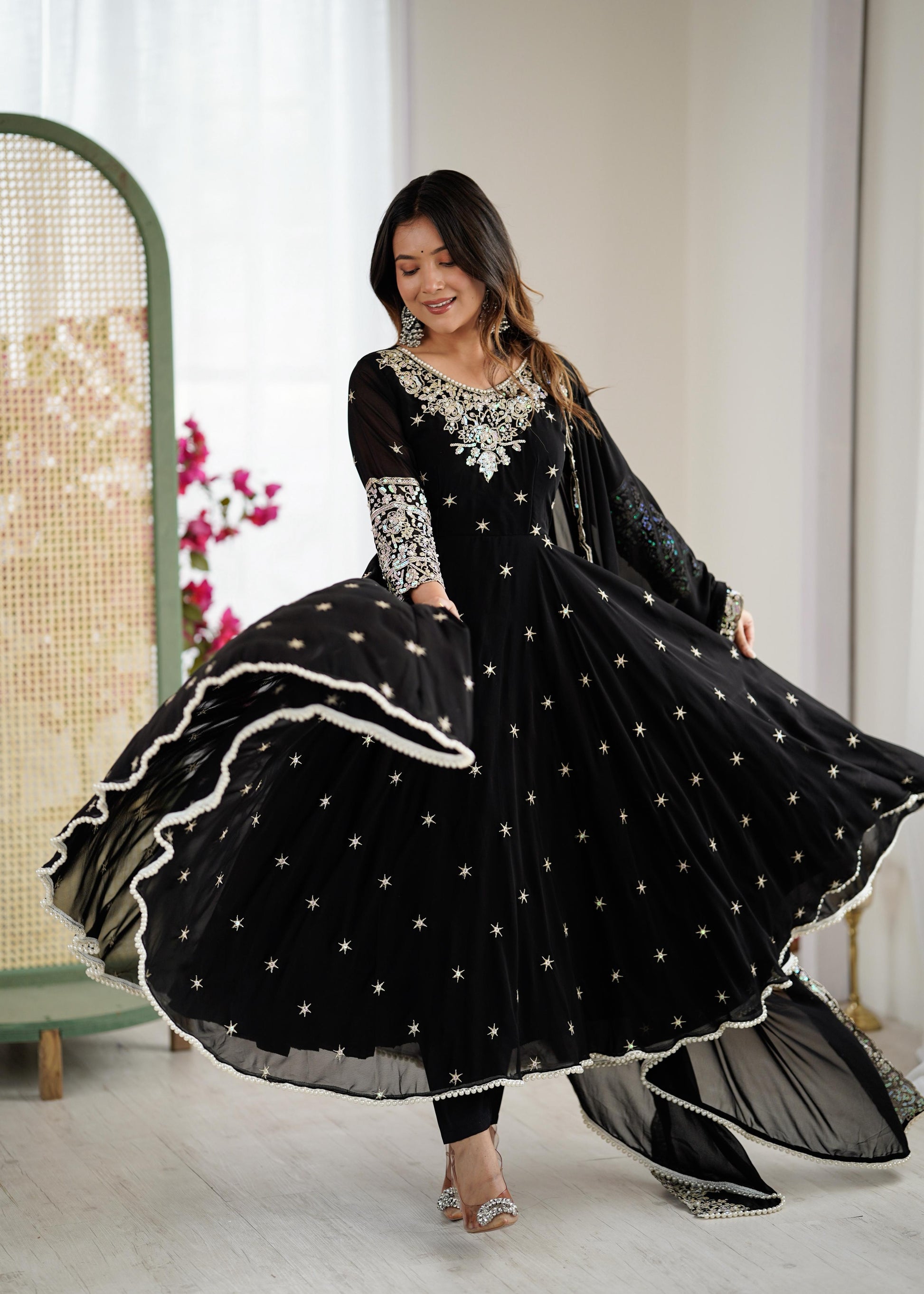 Heavy Embroidery Rainbow Sequence work Black kurta set