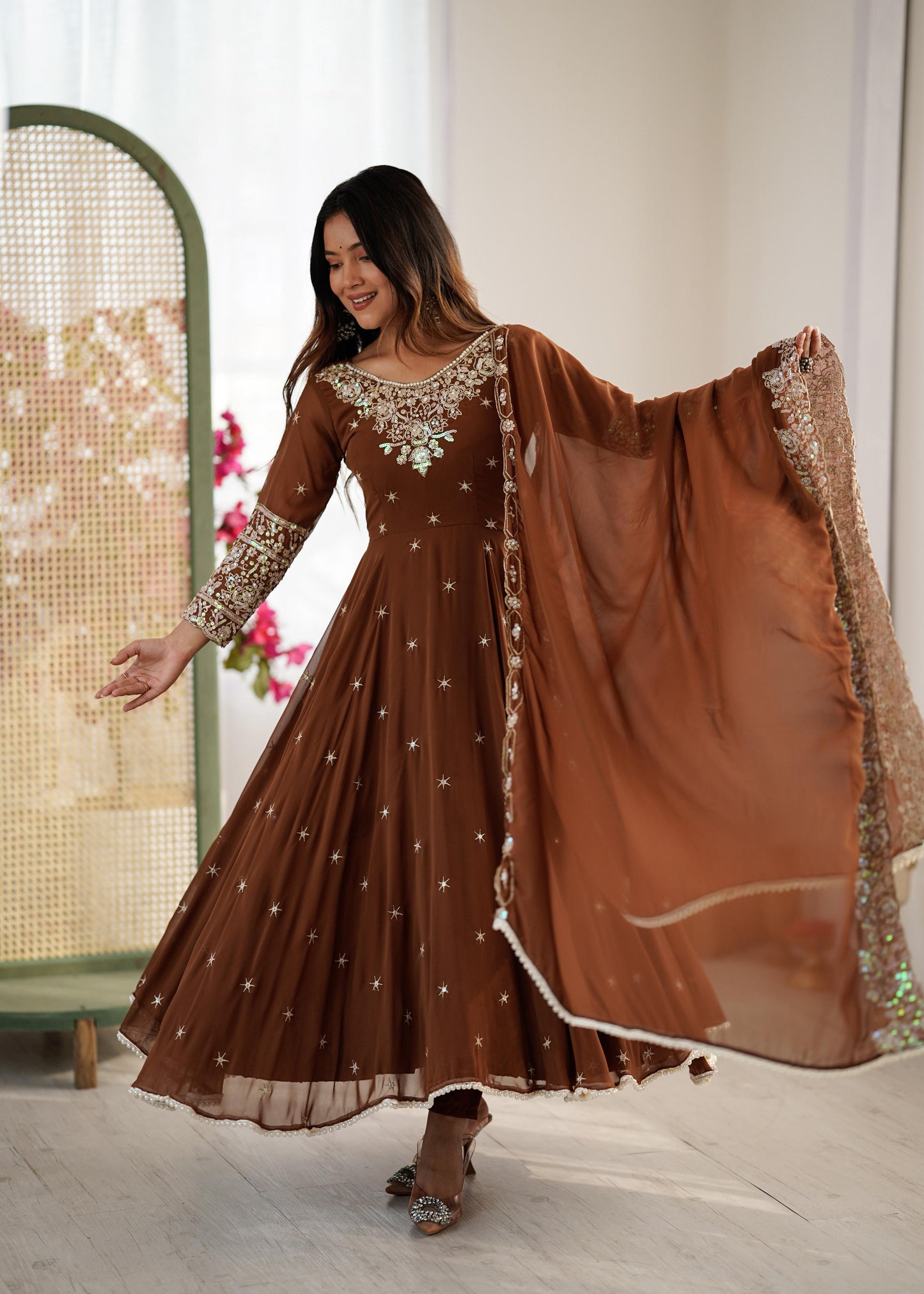Heavy Embroidery Rainbow Sequence work  Brown kurta set