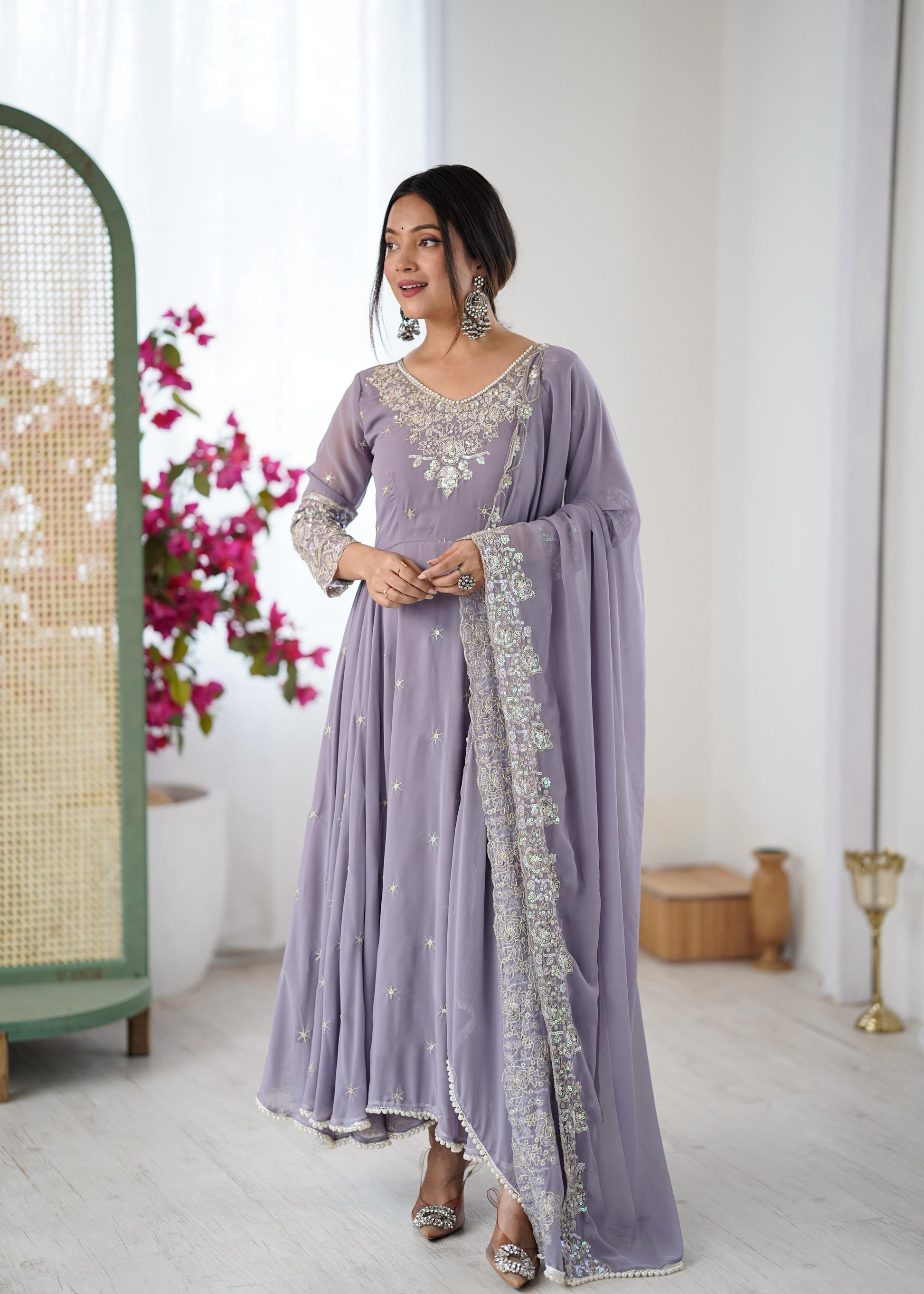 Heavy Embroidery Rainbow Sequence work  Lavender  kurta set