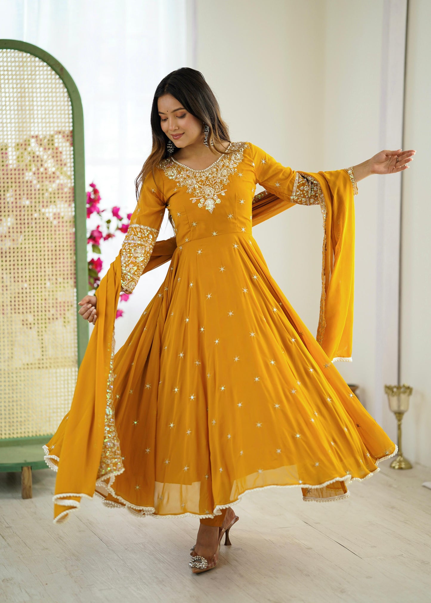 Heavy Embroidery Rainbow Sequence work Mustard kurta set