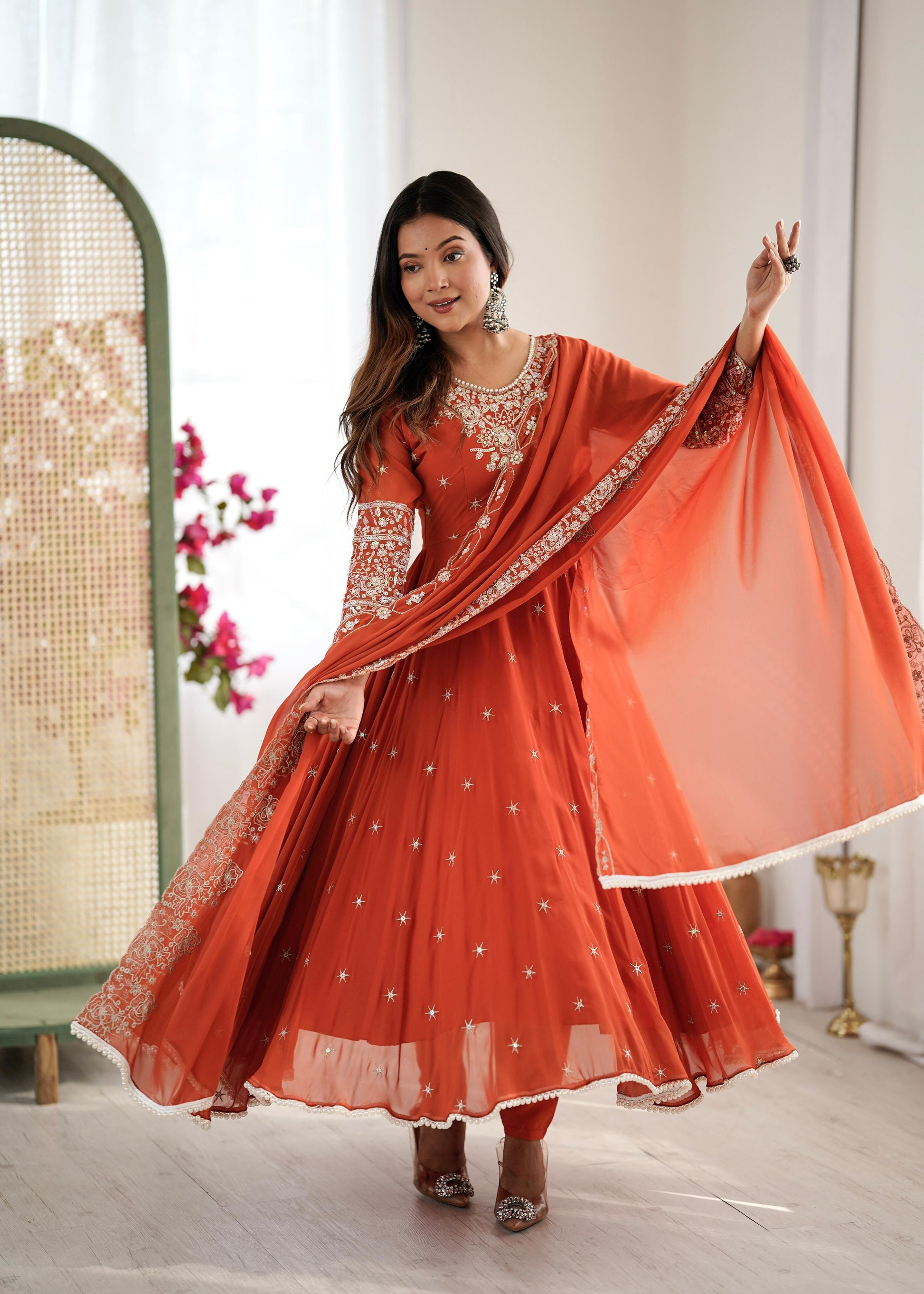 Heavy Embroidery Rainbow Sequence work  Orange kurta set