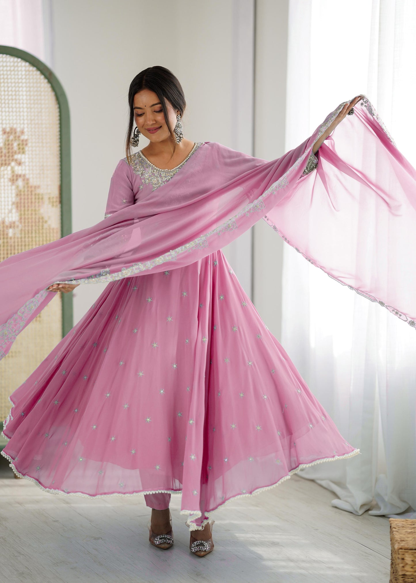 Heavy Embroidery Rainbow Sequence work  Pink kurta set