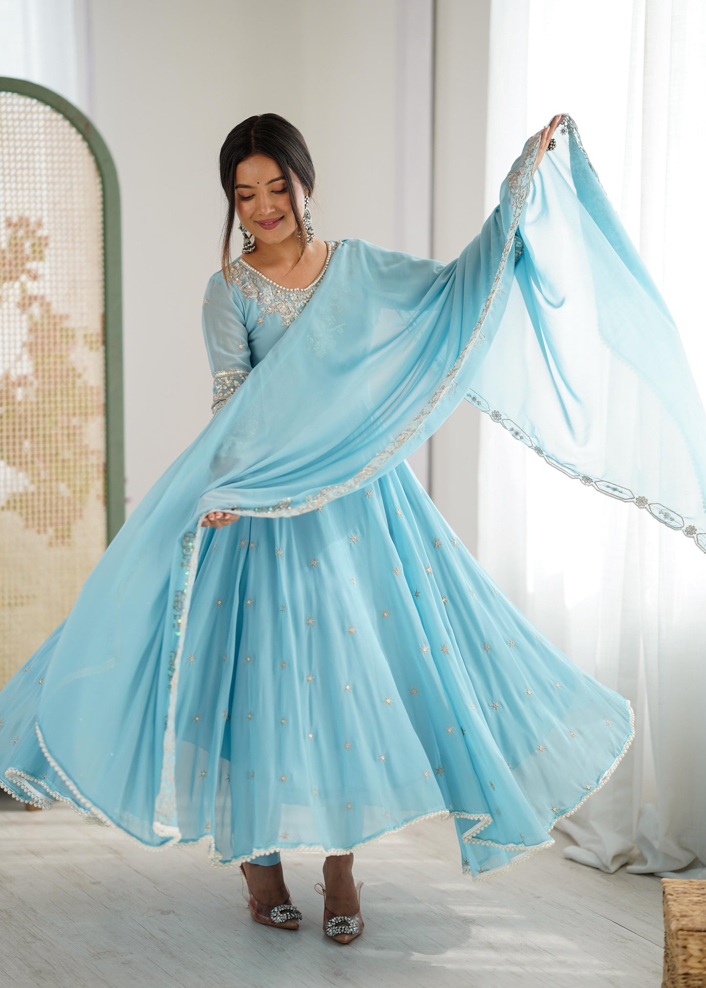Heavy Embroidery Rainbow Sequence work  Sky Blue kurta set
