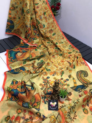 Office and college wear Linen Digital Print Saree With Kalamkari Print