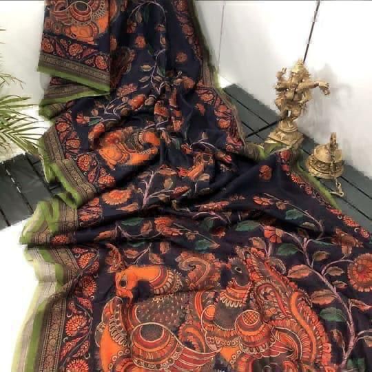 Sarees - Linen Digital Print Saree With Kalamkari Print