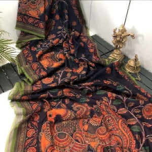 Office and college wear Linen Digital Print Saree With Kalamkari Print