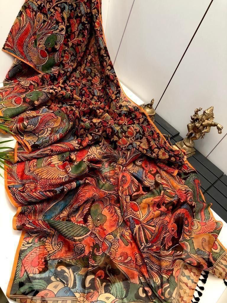 Office and college wear Linen Digital Print Saree With Kalamkari Print