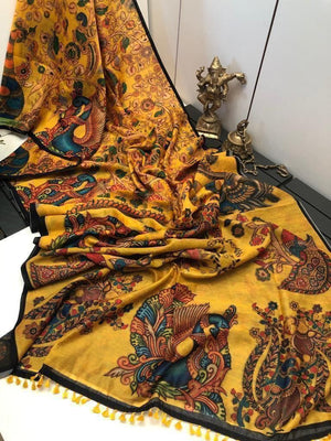 Office and college wear Linen Digital Print Saree With Kalamkari Print