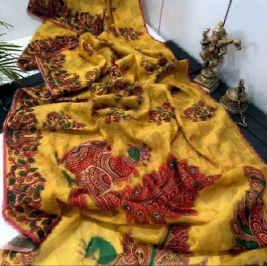 Sarees - Linen Digital Print Saree With Kalamkari Print