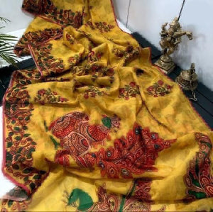 Office and college wear Linen Digital Print Saree With Kalamkari Print