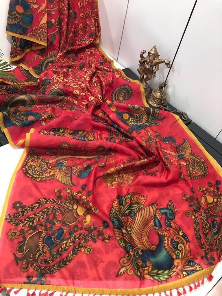 Sarees - Linen Digital Print Saree With Kalamkari Print