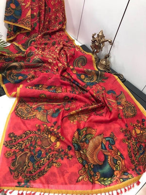 Office and college wear Linen Digital Print Saree With Kalamkari Print