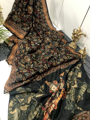 Office and college wear Linen Digital Print Saree With Kalamkari Print