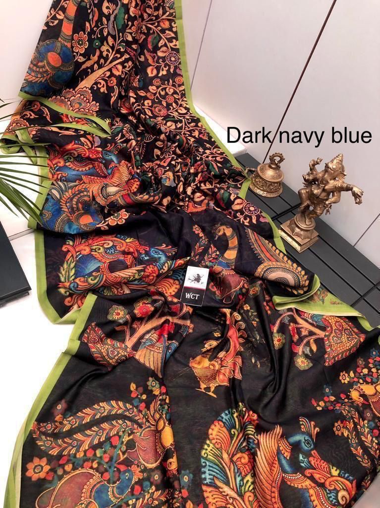 Office and college wear Linen Digital Print Saree With Kalamkari Print