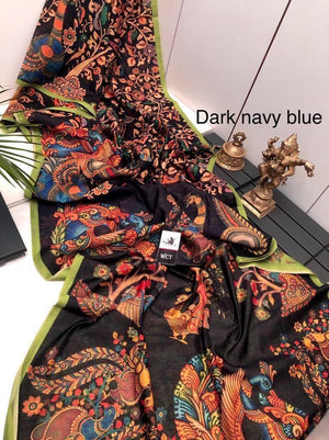 Office and college wear Linen Digital Print Saree With Kalamkari Print