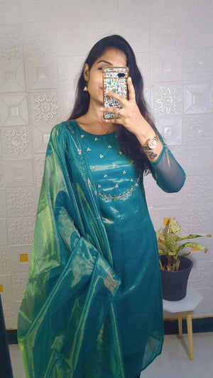Trending sparkle twill tissue net with hand work Kurti with dupatta