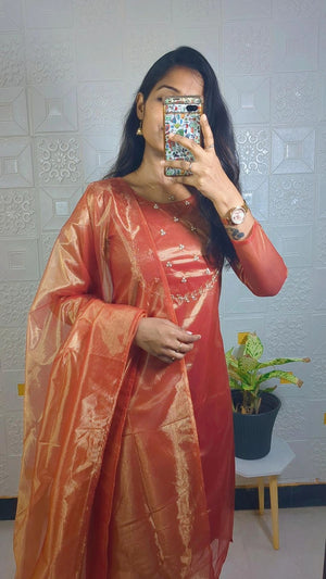 Trending sparkle twill tissue net with hand work Kurti with dupatta
