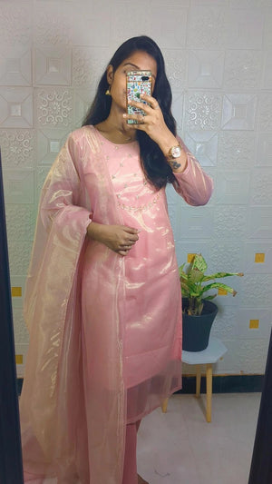 Trending sparkle twill tissue net with hand work Kurti with dupatta