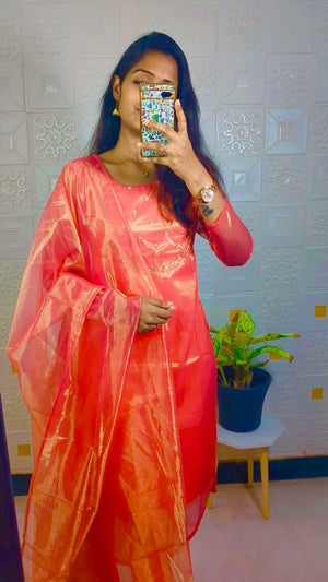 Trending sparkle twill tissue net with hand work Kurti with dupatta