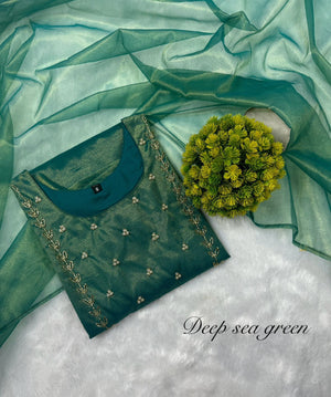 Trending sparkle twill tissue net with hand work Kurti with dupatta