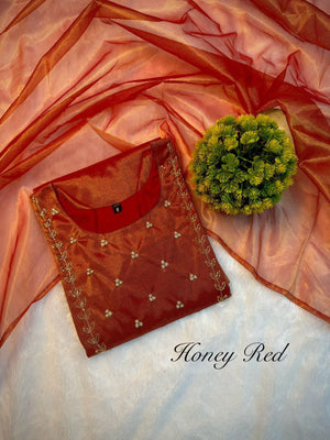 Trending sparkle twill tissue net with hand work Kurti with dupatta