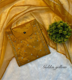Trending sparkle twill tissue net with hand work Kurti with dupatta