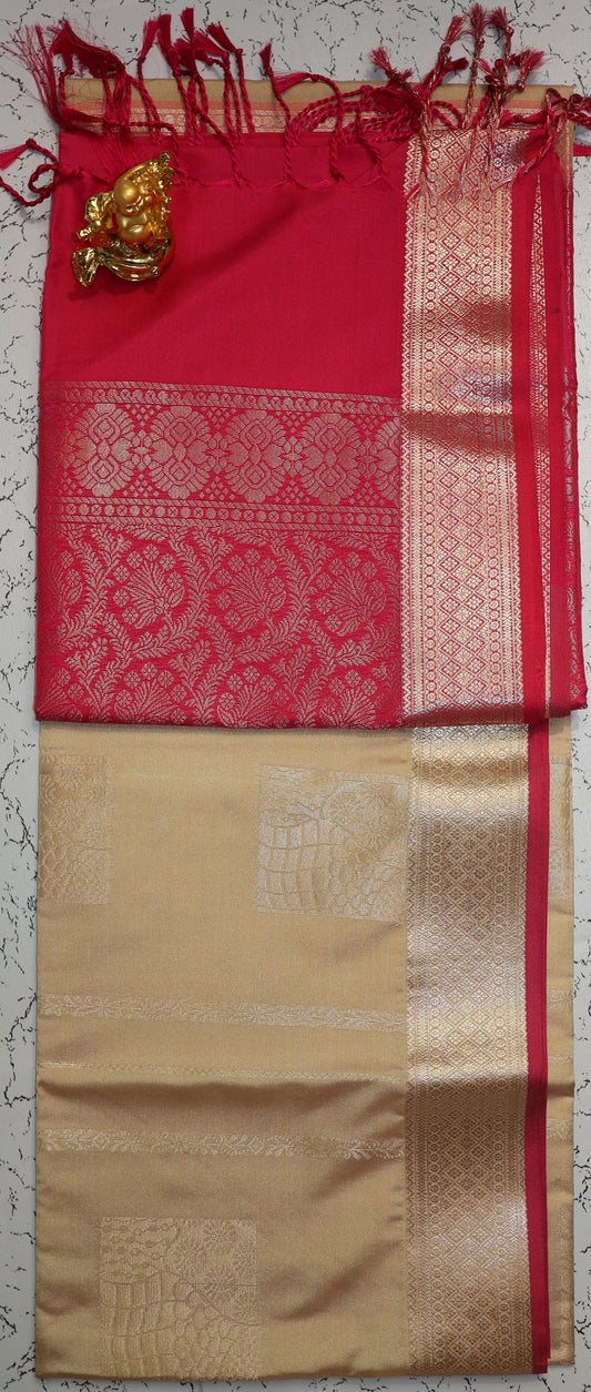 Premium Luxury Chocklet and Pink Semi Silk Saree