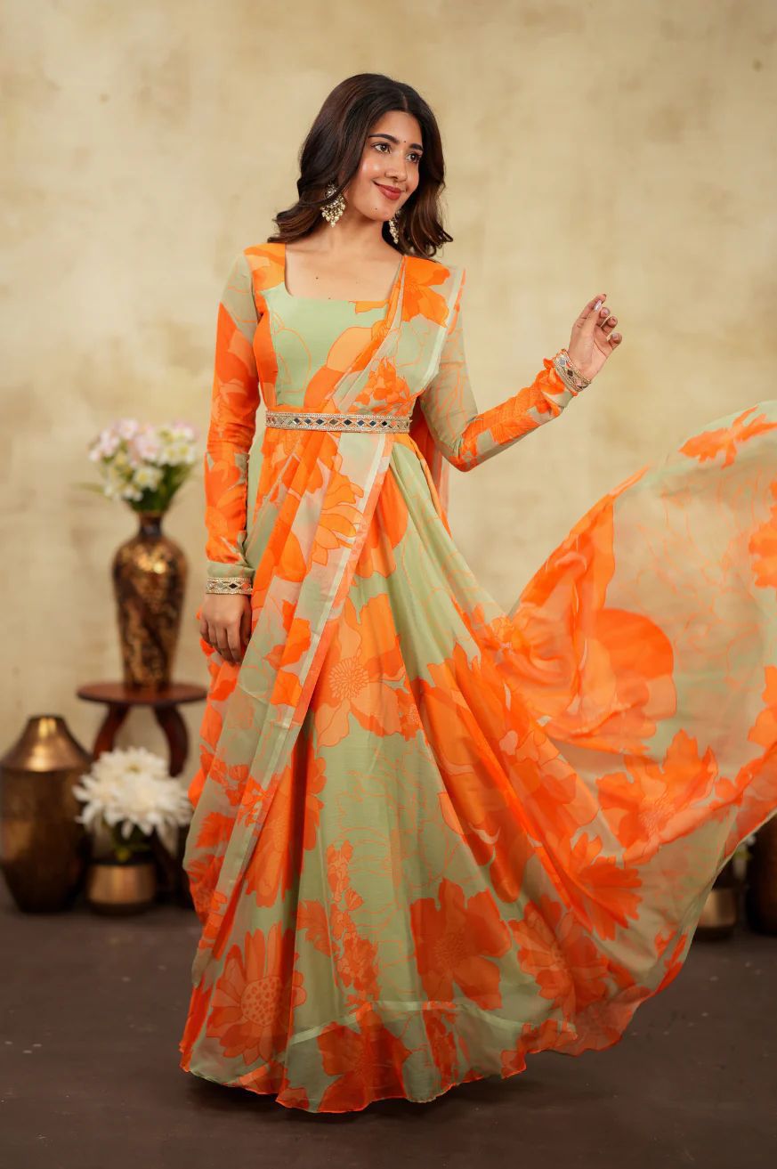 Indo Western Saree-style gown - Orange