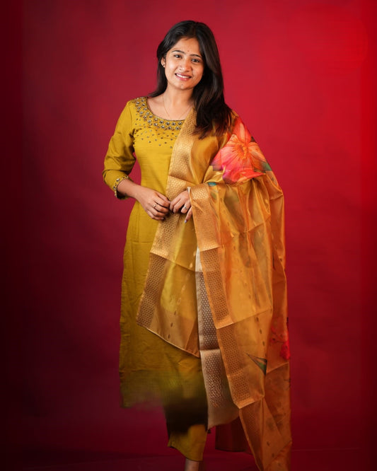 Light mustard cotton party wear Kurta set