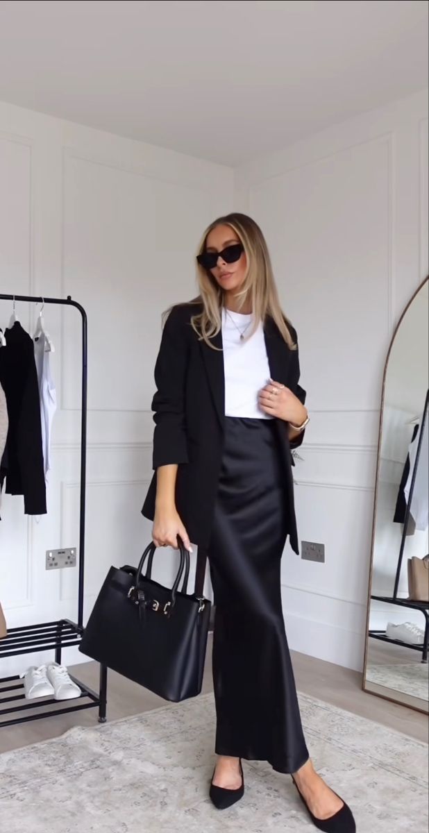 Luxurious Black satin maxi Skirt with Blazer set