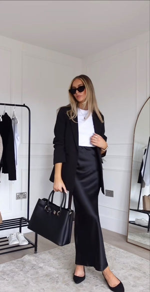 Luxurious Black satin maxi Skirt with Blazer set