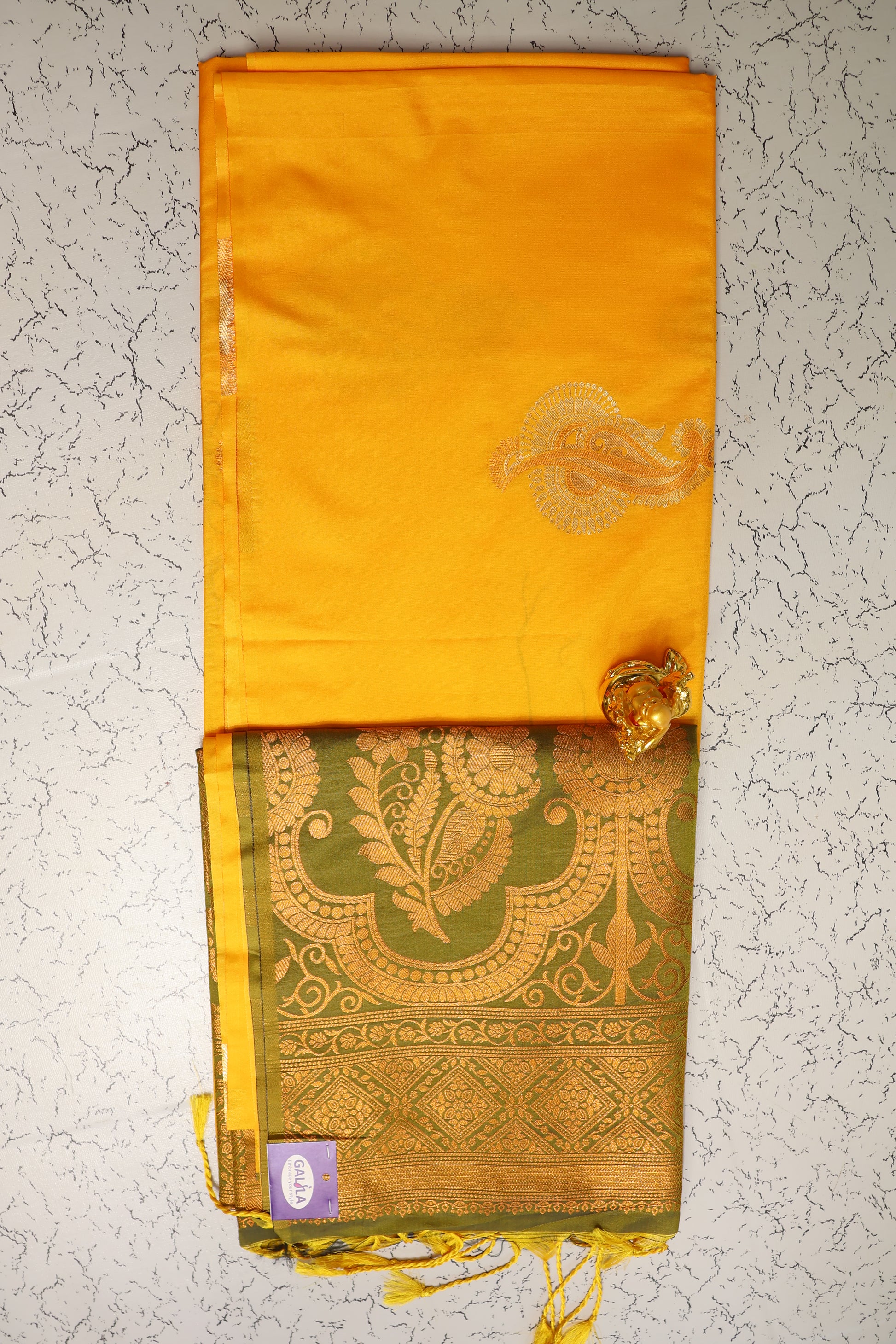Mango Yellow and mehndi green pallu soft semi-silk saree