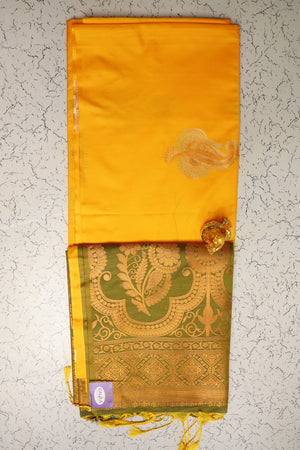 Budget friendly Festive Premium Mango Yellow and Mehndi Green pallu soft silk saree