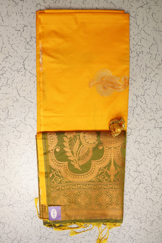 Mango Yellow and mehndi green pallu soft semi-silk saree