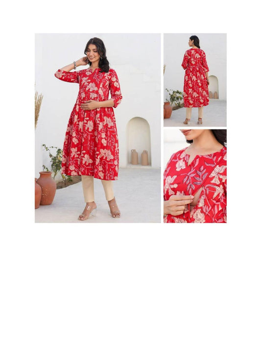 Red floral maternity kurta with a woman modeling it in various poses on a white background