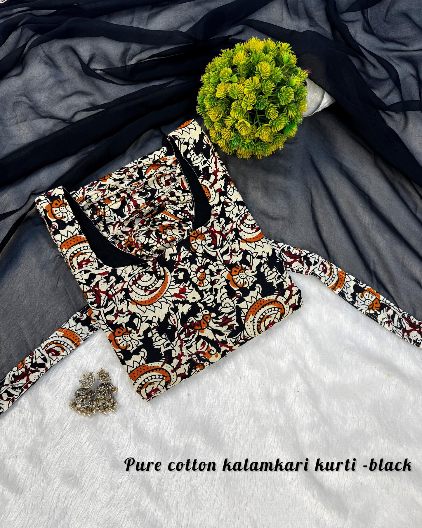 Office / College wear Black Kalamkari kurti with dupatta