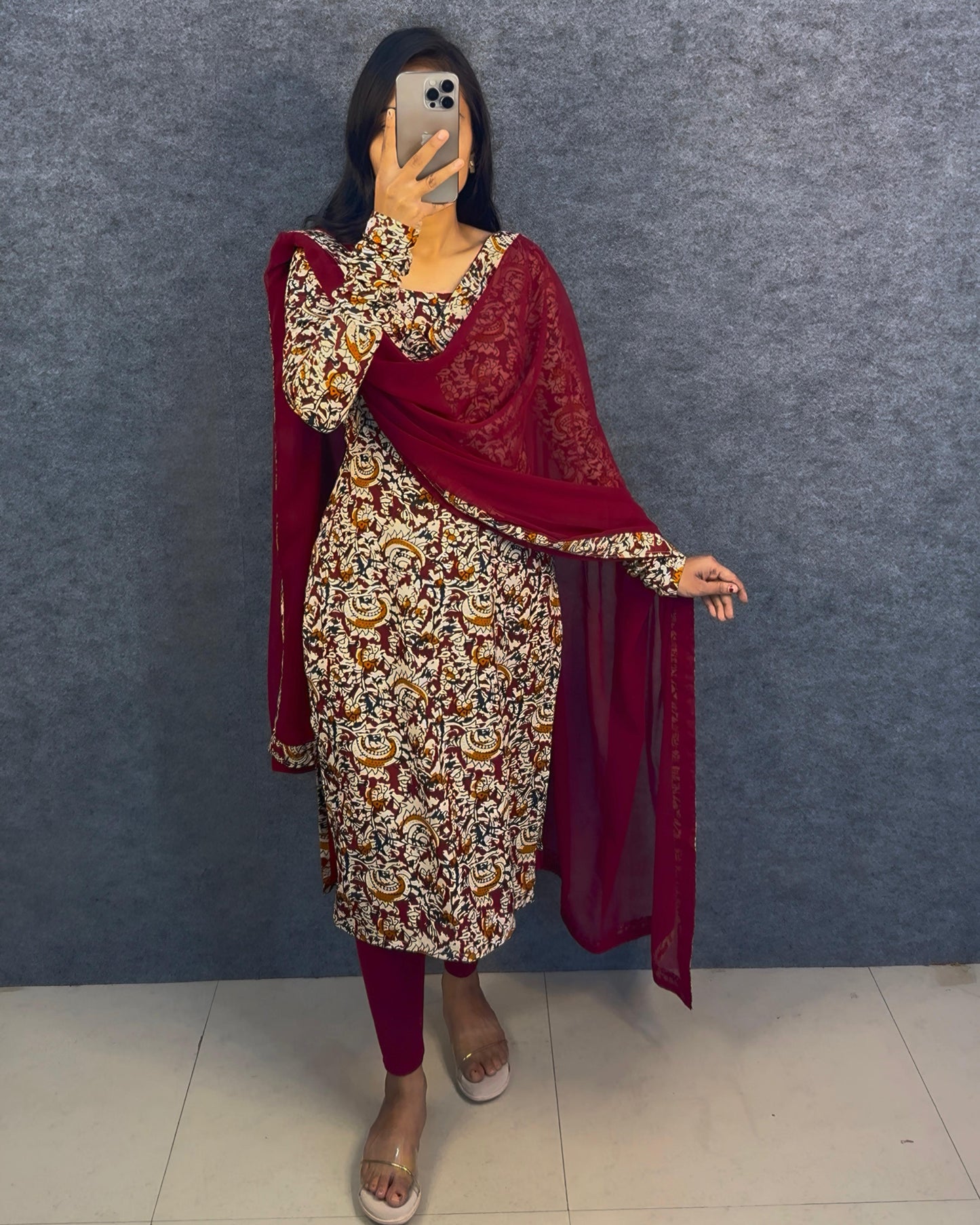 Office / College wear Maroon Kalamkari kurti with dupatta