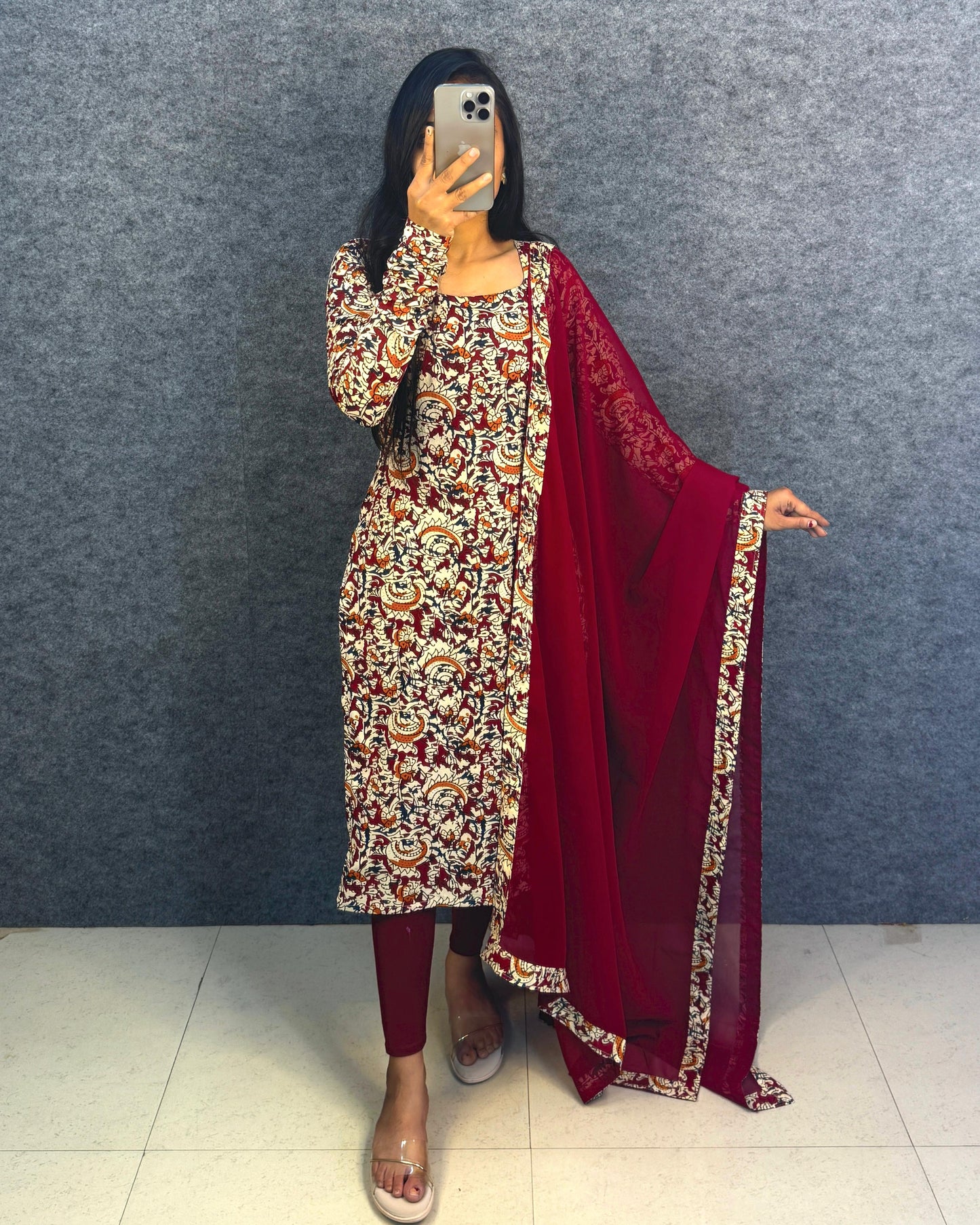 Office / College wear Maroon Kalamkari kurti with dupatta
