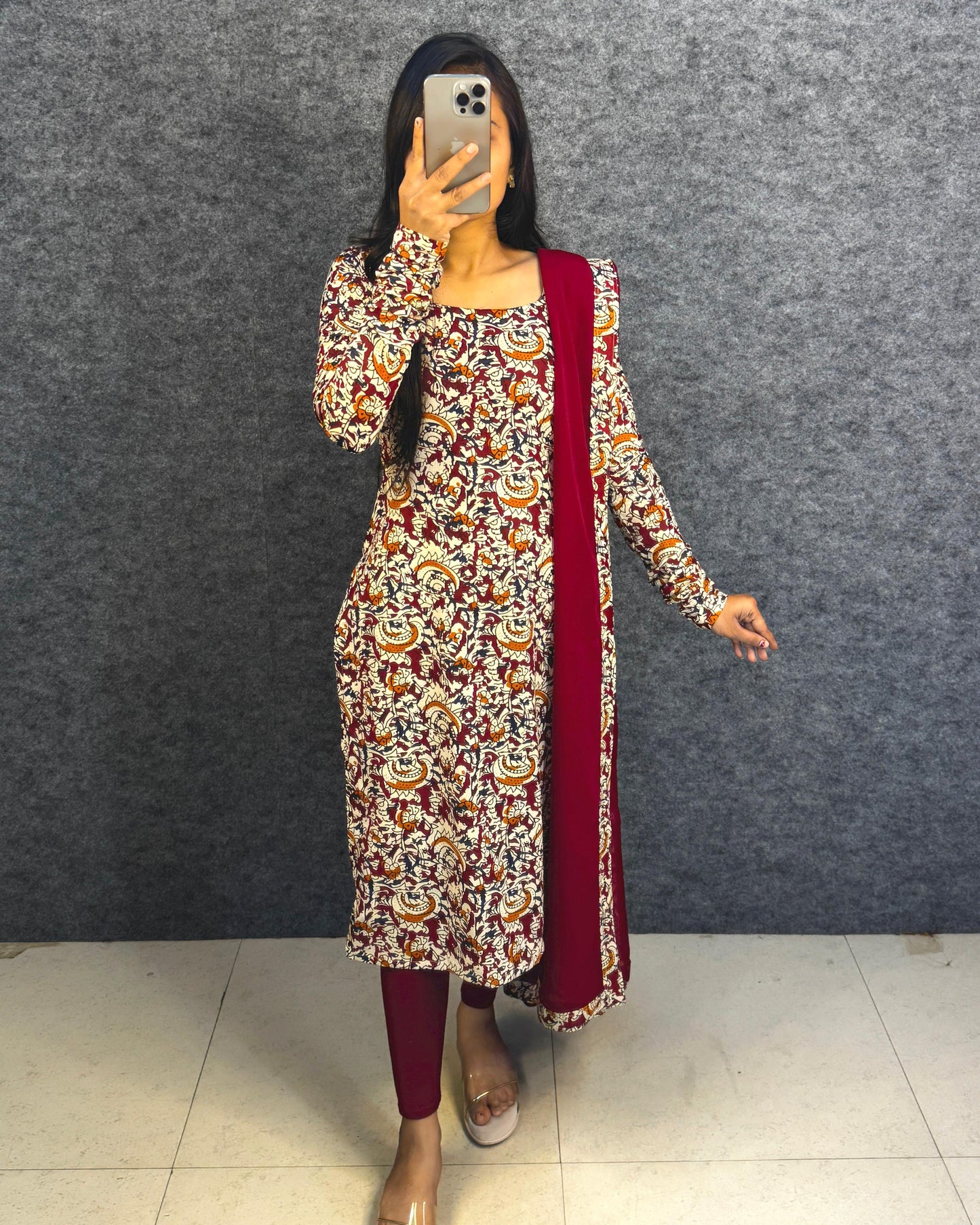 Office / College wear Maroon Kalamkari kurti with dupatta