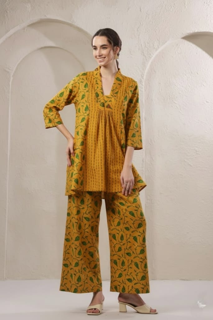 Office / College wear Mustard Cotton Short top with Pant