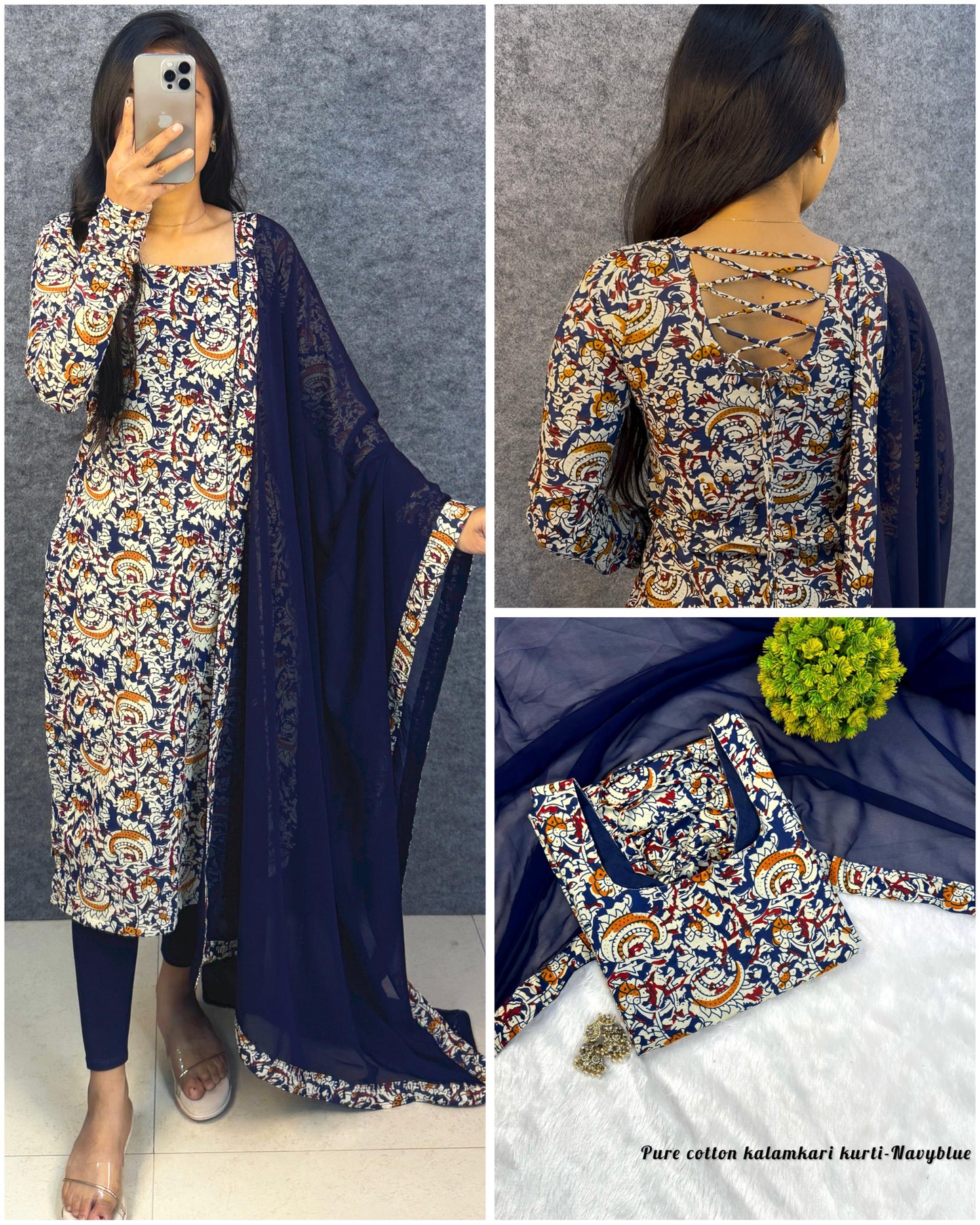 Office / College wear Navy Blue Kalamkari kurti with dupatta