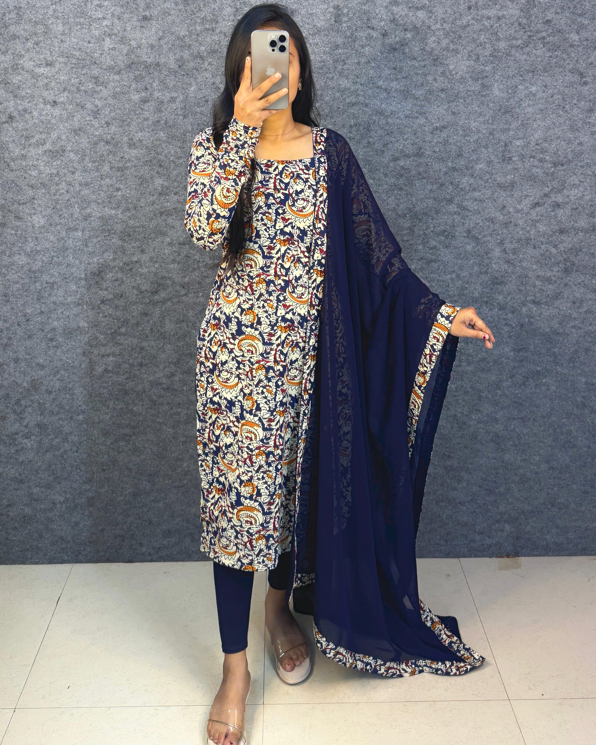 Office / College wear Navy Blue_ Kalamkari_  kurti with dupatta