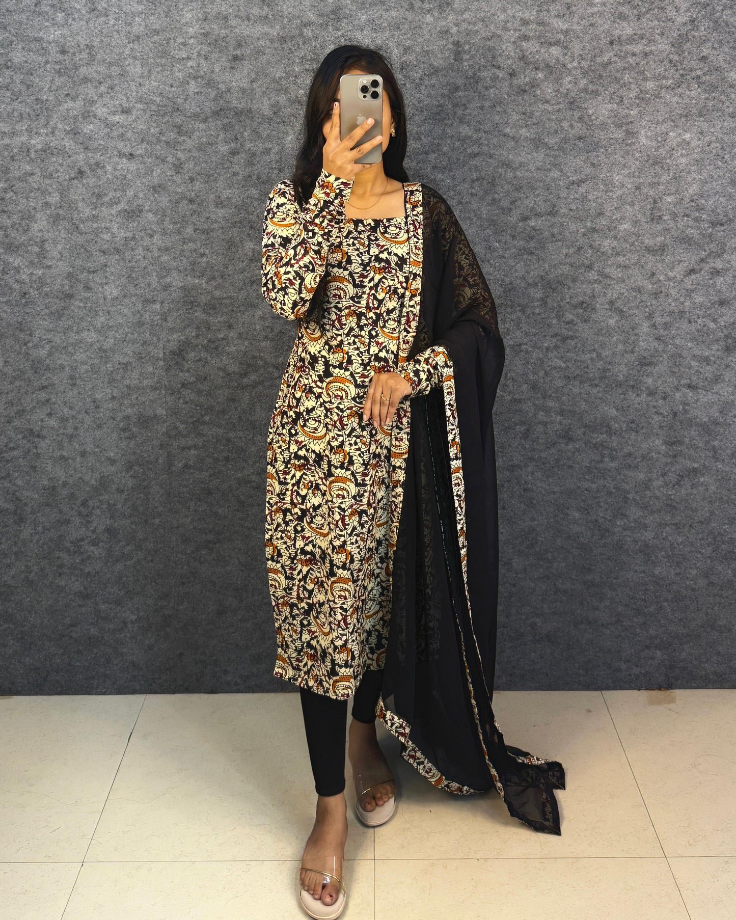 Office / College wear Black_ Kalamkari_  kurti with dupatta