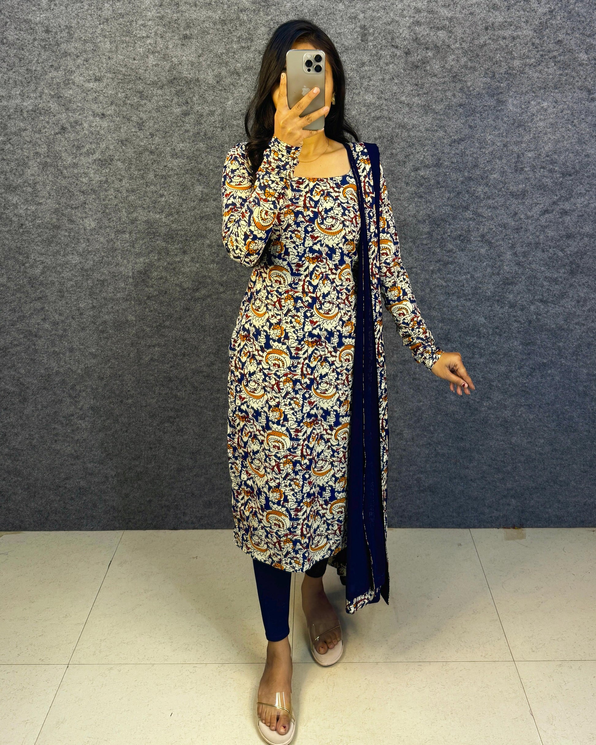 Office / College wear Navy Blue_ Kalamkari_  kurti with dupatta