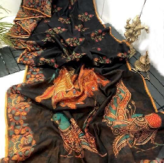 Office and college wear Linen Digital Print Black Saree With Kalamkari Print