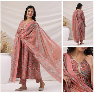 Office and college wear Peach Cotton blend 3 pcs kurta set