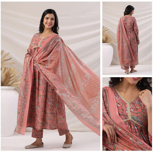 Office and college wear Peach Cotton blend 3 pcs kurta set