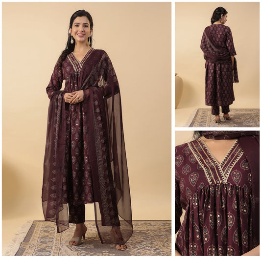 Office and college wear cotton blend Aliya cut Chocklet brown kurta set