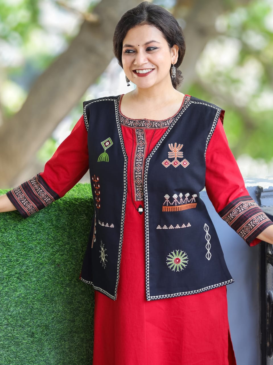 Office wear Cotton Red kurta set with Jacket