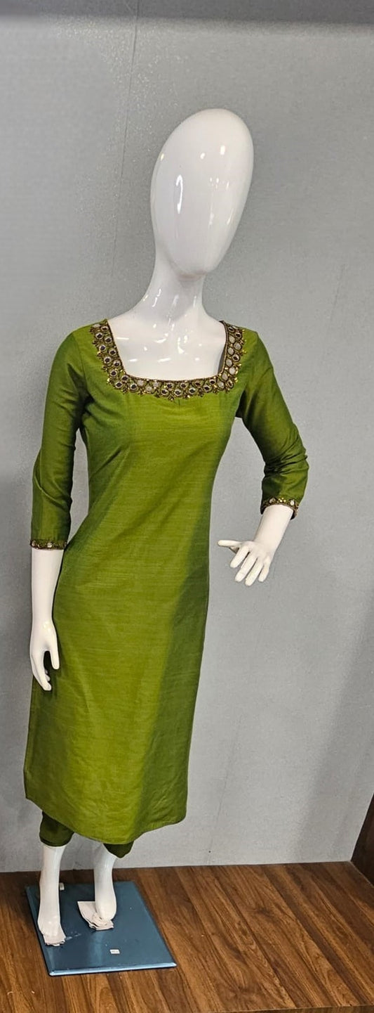 Party wear Olive green Kurta with Pant